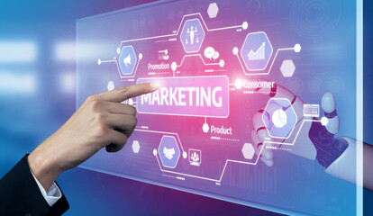 A modern digital interface showcases marketing strategies through interactive elements. Hand engagement illustrates the connection between technology and consumer insights. Tessel