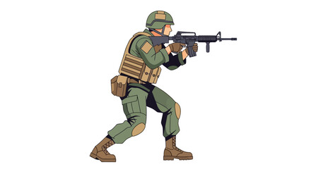 An animated soldier in combat gear aims an assault rifle