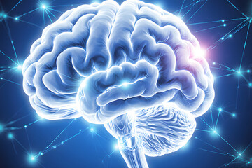 Illuminated human brain with glowing neural network connections, symbolizing thought and intelligence