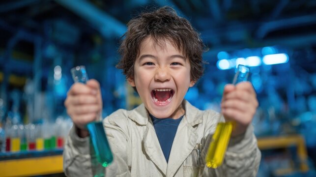 Excited young boy in lab coat holding colorful test tubes in science classroom