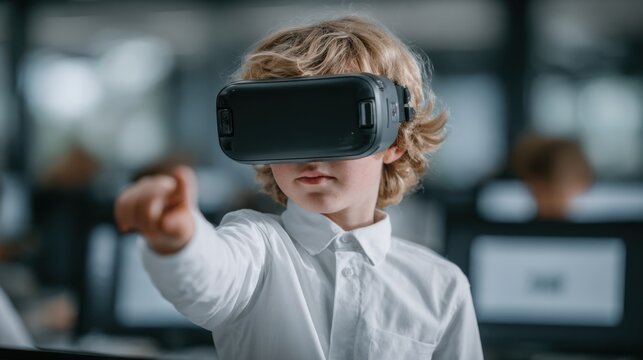 Schoolboy wearing virtual reality headset interacting with VR environment in computer lab