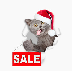 Surprised cat with tongue out wearing red santa hat looking through the hole in white paper and showing signboard with labeled "sale"