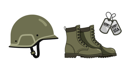 An illustration of army gear a helmet boots and dog tags on a white background