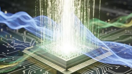 A glowing microchip on a circuit board with emanating blue and green light waves and particles set against a dark blurred background - Powered by Adobe