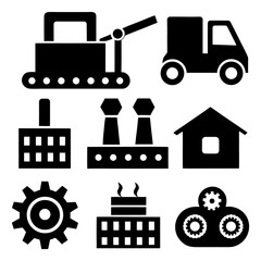 Factory, machine, conveyor, and process on white background.