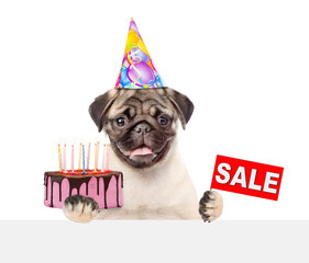 Pug puppy wearing party cap holds cake with many candles,  shows signboard with labeled "sale" above blank white board. isolated on white background