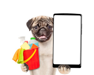 Cleaning concept. Cute Pug puppy holds big smartphone with white blank screen and bucket with washing fluids and rags in it paw. isolated on white background