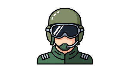 Cartoon pilot with olive helmet goggles and military attire