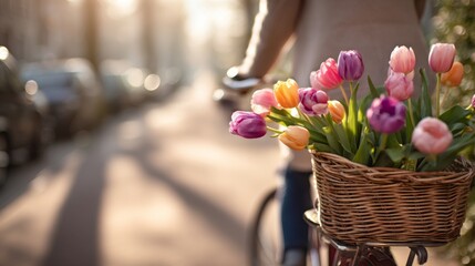A young woman rides her bicycle adorned with a basket of colorful tulips, capturing the essence of spring.