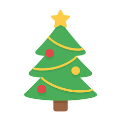 Cartoon Christmas tree with decorations isolated on white background — festive holiday vector illustration