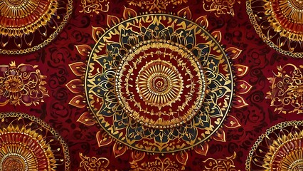 Fototapeta premium Vibrant Indian mandala with golden and red tones in a symmetrical geometric design.