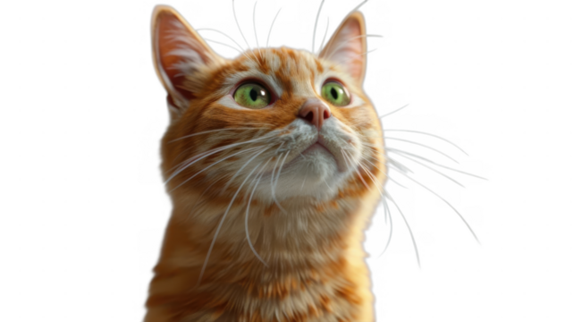 Orange tabby looks upward cute on transparent background