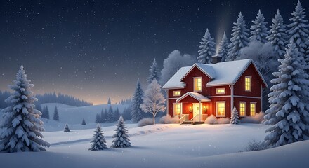 Photo of a cozy, red house glowing with warm light on a snowy winter night, surrounded by snowladen pine trees under a starry sky