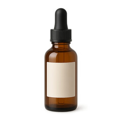 Fototapeta premium A transparent amber glass dropper bottle with a label, photographed on a clean background.