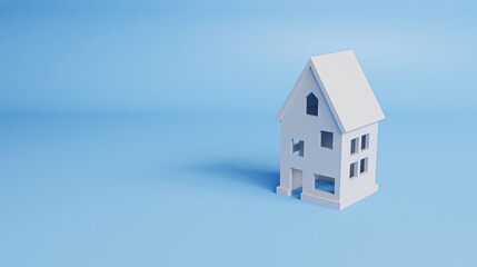 Minimal style house on a blue background with copy space, symbolizing home buying, housing loans, and modern living concepts. 3d rendering