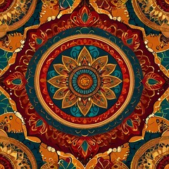 Vibrant Indian mandala with golden and red tones in a symmetrical geometric design.