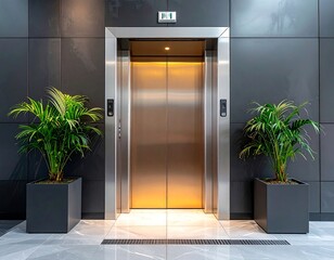Modern elevator doorway between potted plants in a sleek, minimalist hallway