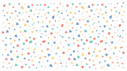 A pattern of colorful confetti shapes scattered randomly on a white background creating a festive design