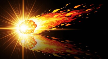 Fiery meteoroid blazing through space with a brilliant light trail and reflection