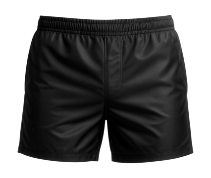 Sleek monochrome swim shorts featuring a subtle sheen and minimalist style.