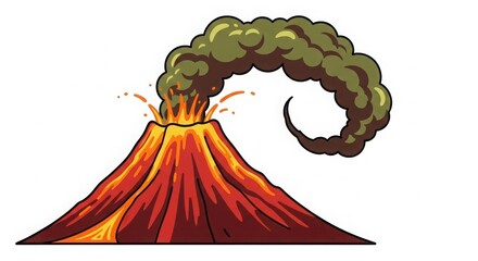 Stylized illustration of a cartoon volcano erupting with fiery lava and a large plume of dark smoke