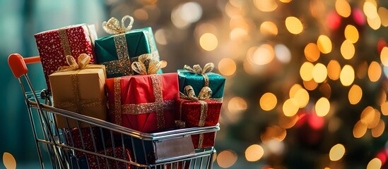 Supermarket shopping cart full of Christmas gifts on a blurred Christmas background, copy space
