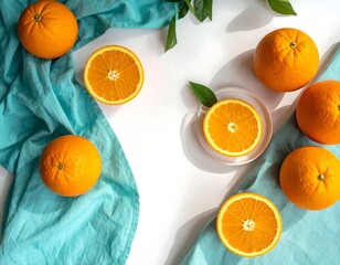 Overhead shot of oranges, a teal cloth, and a simple plate
