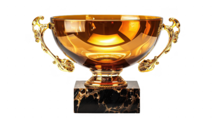 Golden trophy on marble base on transparent background