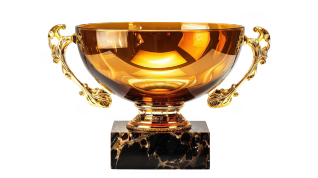 Golden trophy on marble base on transparent background