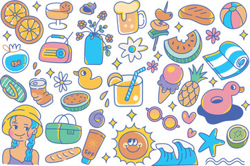 Summer time accessories vector art and objects pattern with food and drinks icons doodle style