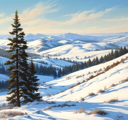 Rolling hills covered in evergreen trees dusted with snow