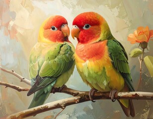 Pair of vibrant birds with colorful plumage perched on a branch