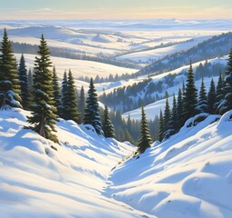 Rolling hills covered in evergreen trees dusted with snow