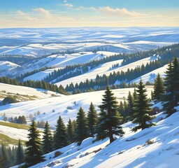 Rolling hills covered in evergreen trees dusted with snow