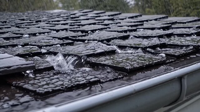 Rain on rooftop with gutter overflow during a rainy day  