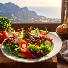 Plate of salad with diverse ingredients by a window with mountain views