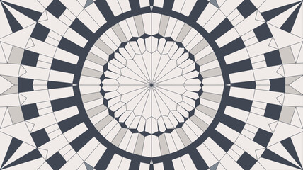 Naklejka premium Circular pattern featuring radiating lines and geometric shapes in muted gray and white tones