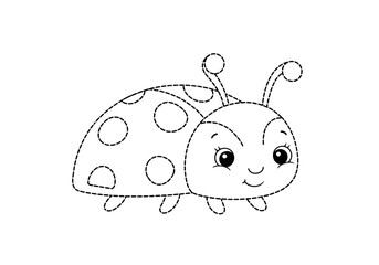 Black and white dotted outline drawing of a cartoon ladybug with large eyes
