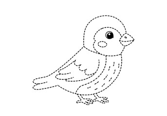 Black and white dottodot drawing of a small plump bird facing right