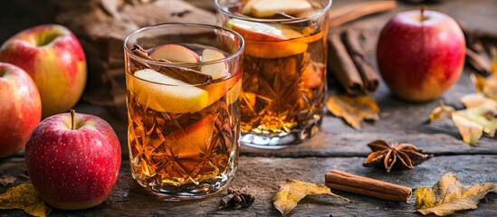Typical autumn drink with cinnamon and apple on a wooden table