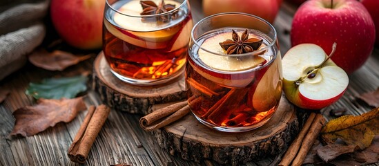 Typical autumn drink with cinnamon and apple on a wooden table