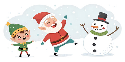 Joyful Santa Claus dancing with a playful elf and cheerful snowman in a snowy winter night. Festive Christmas illustration perfect for holiday cards, posters, and seasonal designs.