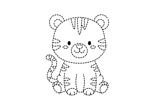 Dottodot outline drawing of a sitting cute cartoon tiger cub