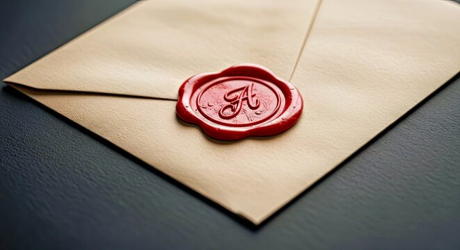 Authentic Red Wax Seal on Kraft Paper Envelope on Dark Surface