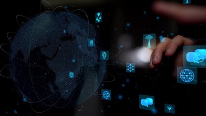 This image showcases a futuristic concept of global connectivity with digital icons surrounding a...