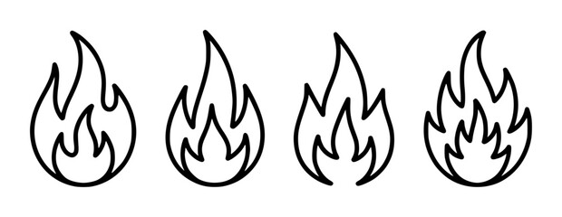 Set of four stylized black and white flame icons on a white background