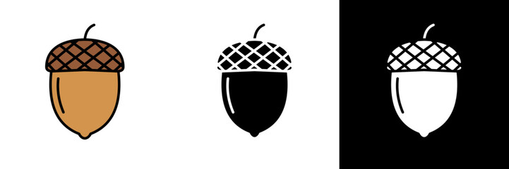 A simple acorn icon representing growth, potential, and nature. Shown in three styles: full color, black, and white, ideal for seasonal or nature-themed designs. © Rusdan