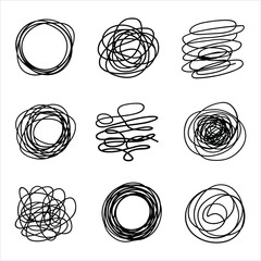 Nine black hand drawn scribbled circular shapes on white background circle abstract