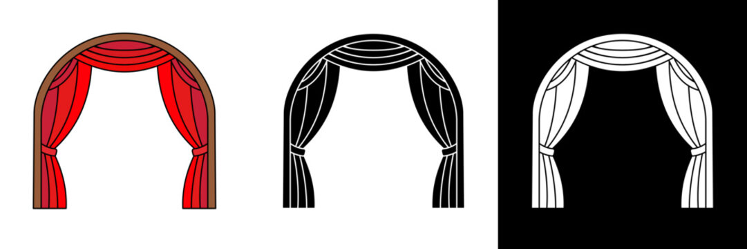 An elegant red stage curtain icon symbolizing drama, performance, and celebration. Includes color, black, and white versions suitable for cultural or event themes.