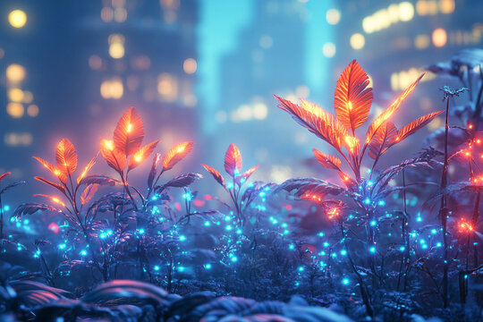 Surreal Digital Flora Forest With Glowing Data Streams And Abstract Futuristic Elements Blending Nature And Technology, Generative AI